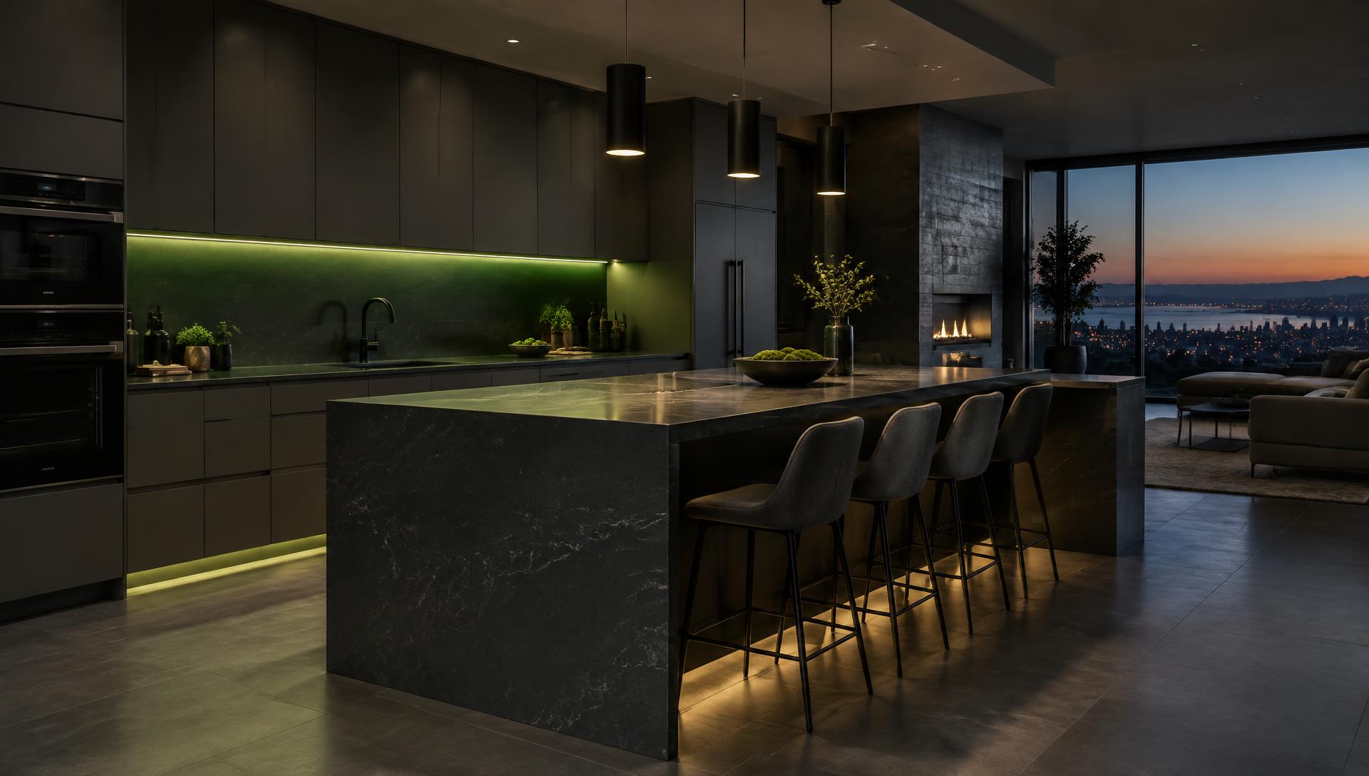 Modern dark kitchen remodel with neon accent lighting